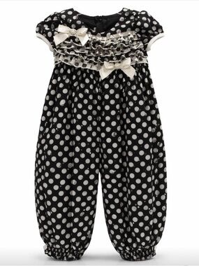 Bonnie Baby Girls 12 Mo Romper Black White Polka Dots Snap Crotch Ruffles Bows